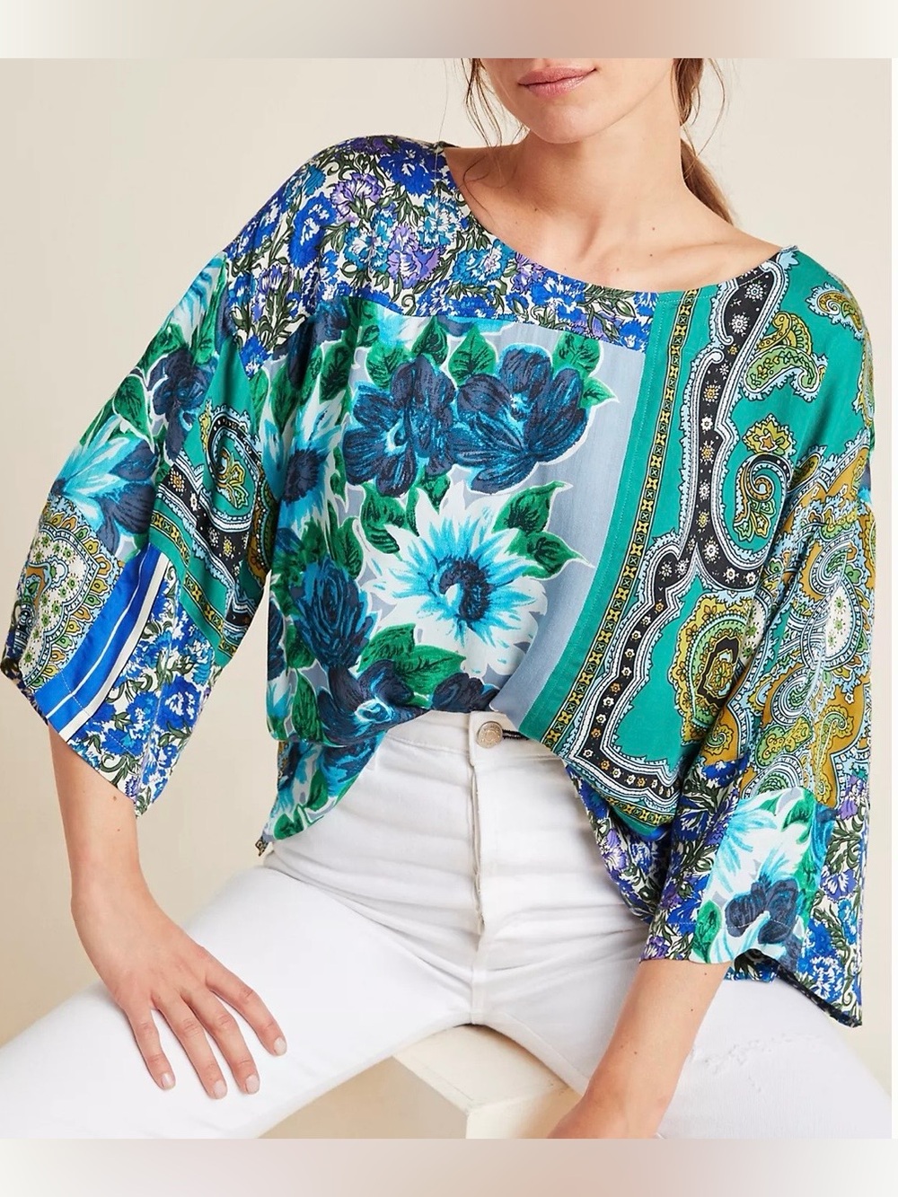 Anthropologie Tiny Ellery Mixed-Print Blouse in Blue Motif medium